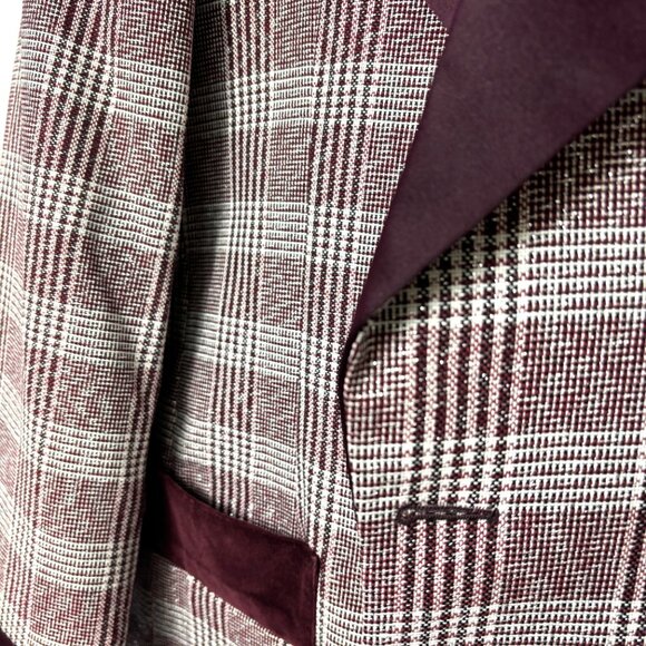 After Six Burgundy Silver Plaid Brocade Tuxedo Prom Formal Jacket Vintage 70’s - Picture 5 of 14